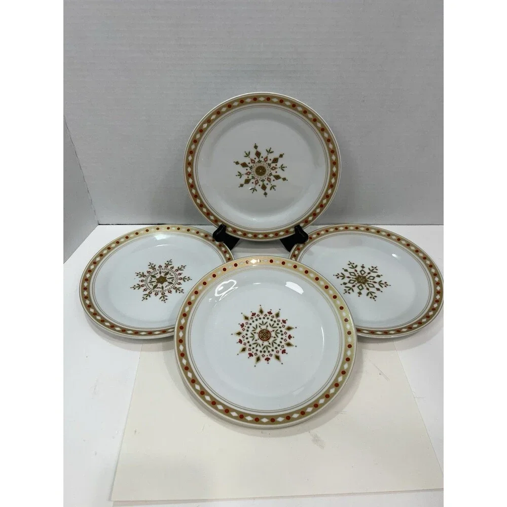 Pier 1 Import 4 Holiday Salad Dessert Plates White Gold Red Green Snowflake 7.5”